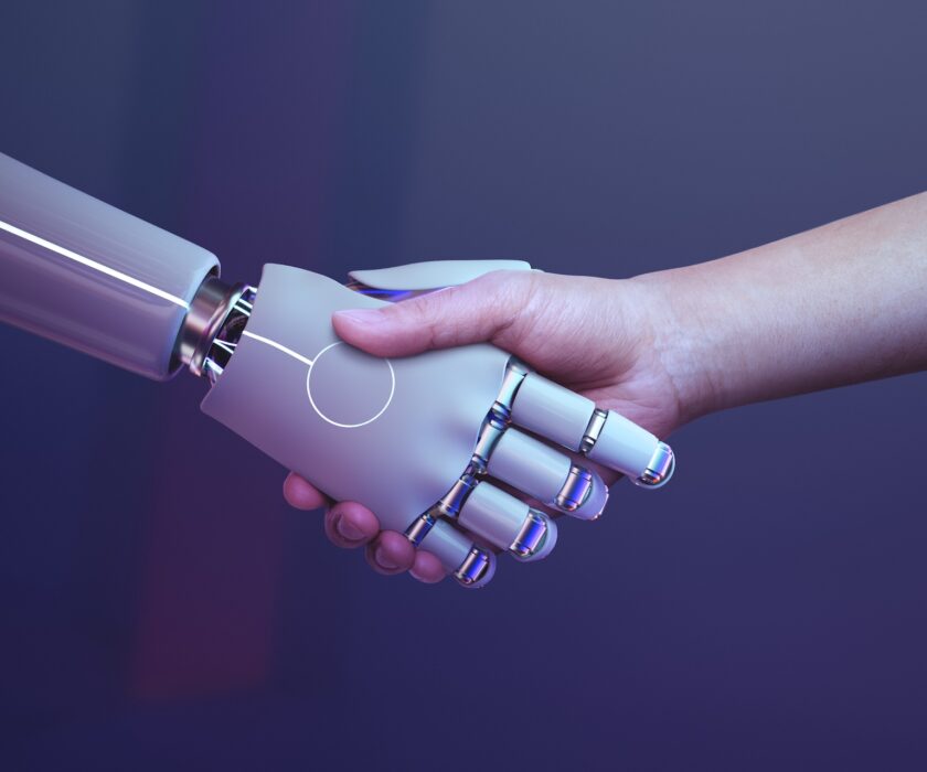 Robot handshake human background, futuristic digital age